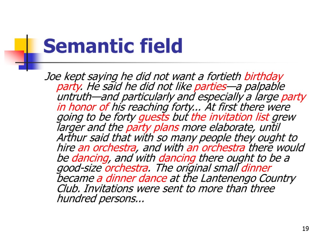 19 Semantic field Joe kept saying he did not want a fortieth birthday party.